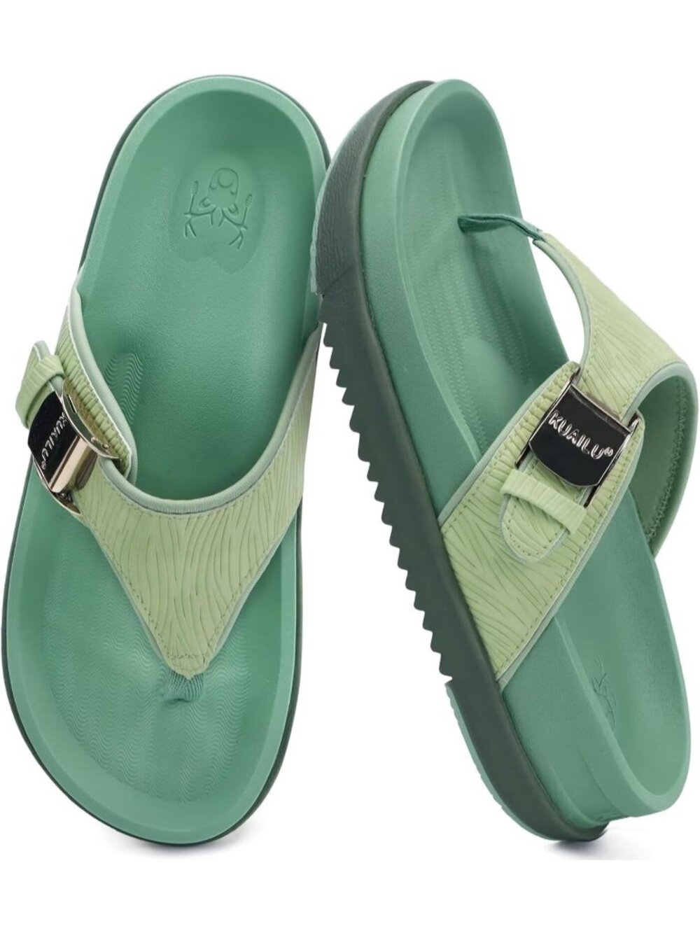 Women's Green Faux Leather Summer Flip Flops Walking Beach Cushion Sandals